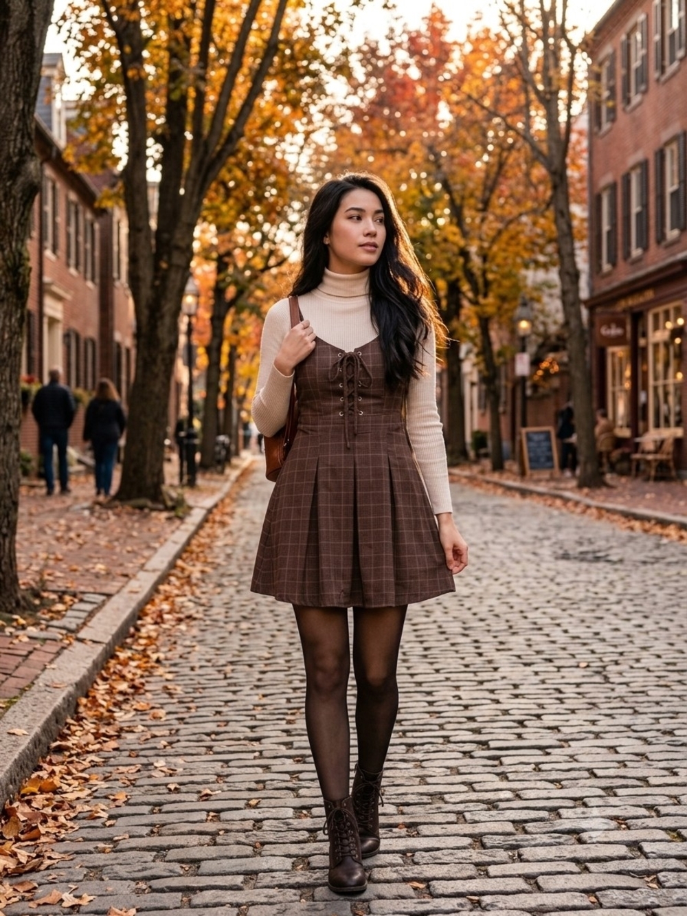 Social Collision Brown Plaid Lace-Up Mini Dress with A-Line Skirt
